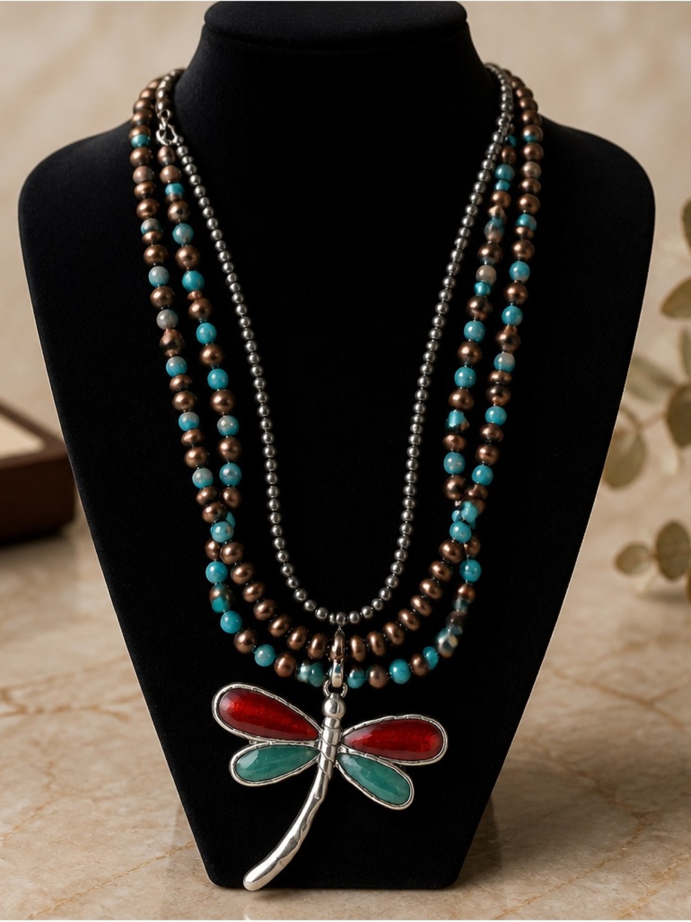 Turquoise & Bronze Beaded Dragonfly Pendant Necklace